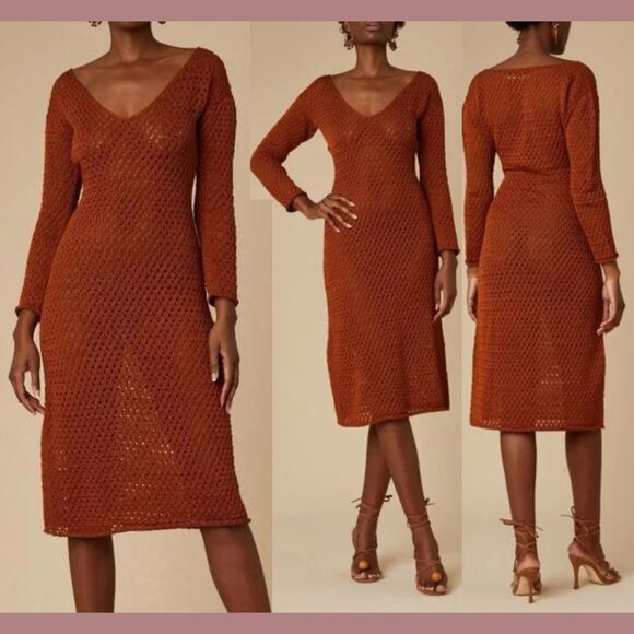 NWT $610 Savannah Morrow [ XS ] Winona‎ Open Knit Midi Dress in Terracotta #Q880